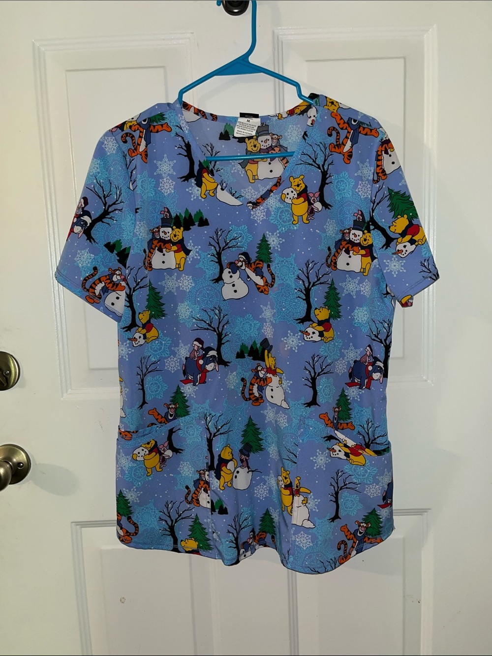 Disney Winnie the Pooh & Friends Light Blue Holiday Scrub Top